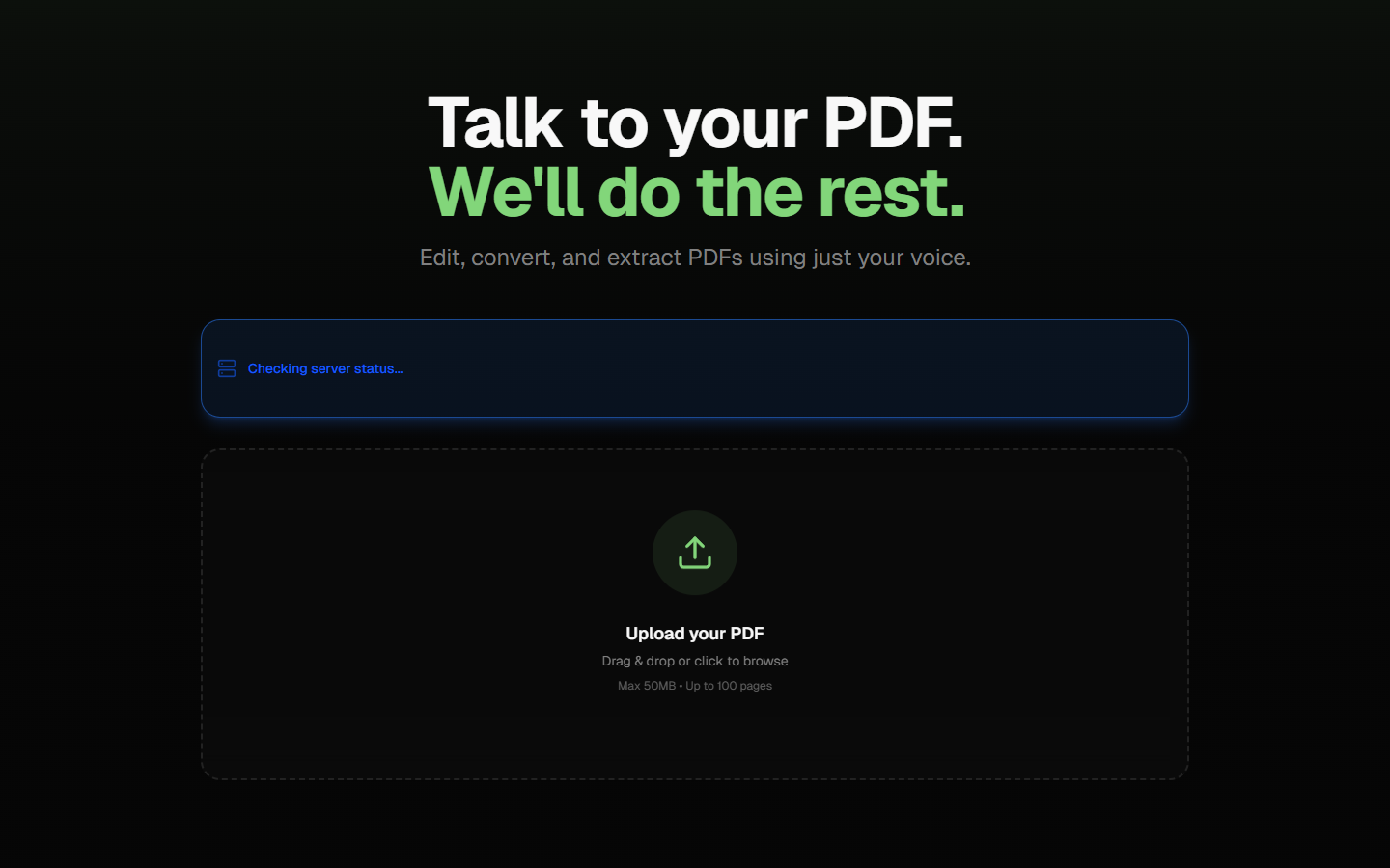 Screenshot of the Voice PDF Assistant public website with its PDF upload interface